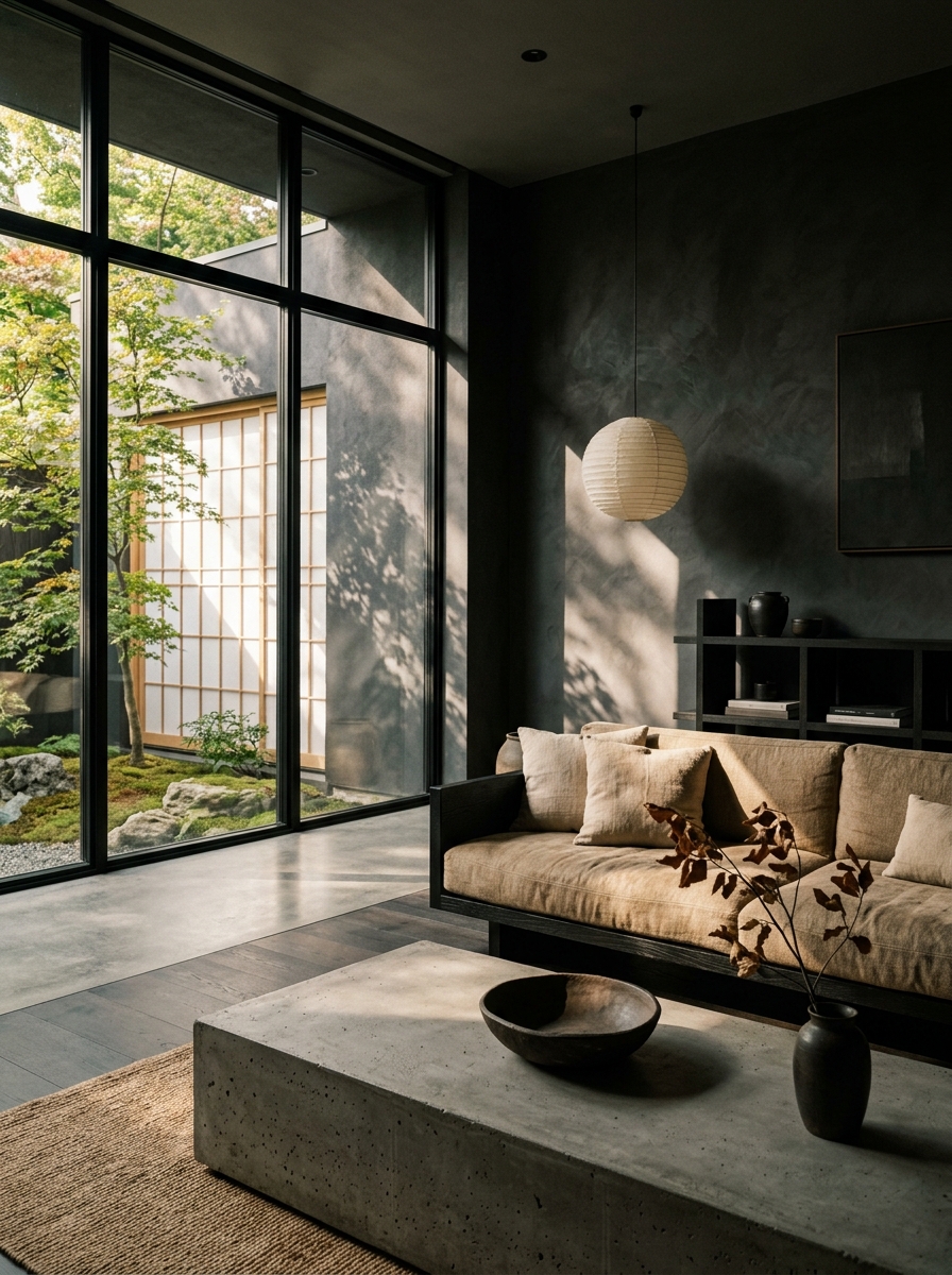 Dark Japandi living room overview